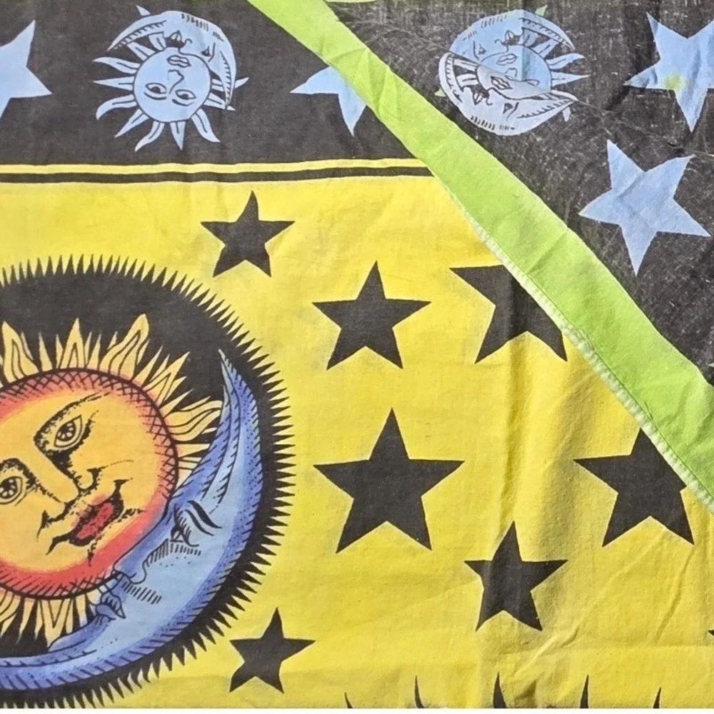 Boho Sun Moon Stars cotton Wall Hanging Throw Blanket Yellow Black Green full sz